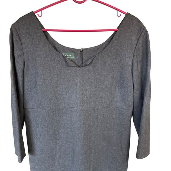 Lauren Ralph Lauren Wool Dress Sz 14 Gray Sheath Stretch L/S Minimalism Preppy - Picture 2 of 8